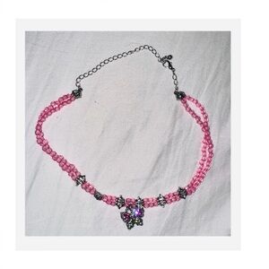 Pink Beaded Necklace with Butterfly Pendant